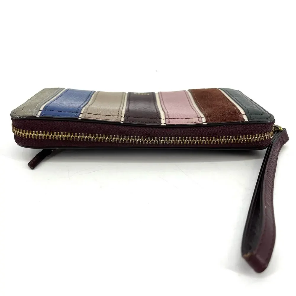 Fossil Logan Purple Multi-Color Striped Zip Around Leather Wallet Wrist Strap‎